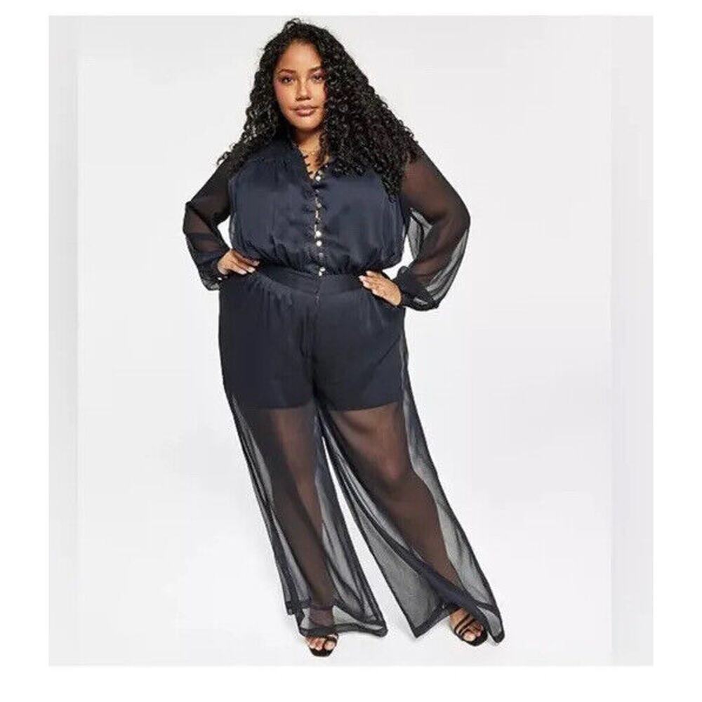 Nina Parker Womens Black Wide Leg Long Sleeve Button-Front Jumpsuit Plus 24W